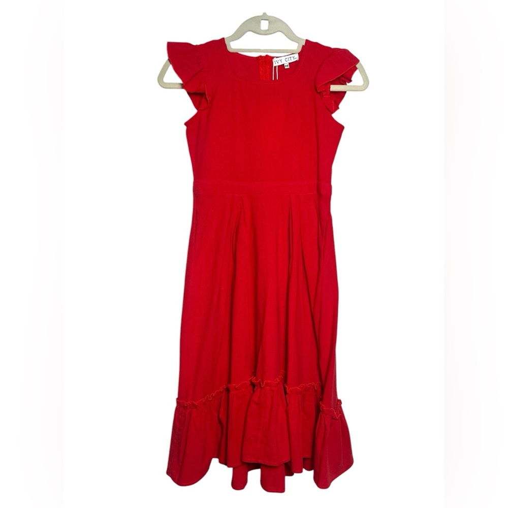 Ivy City Co. Girl's Flutter Short Sleeve Midi Length Dress in Red Size 9/10 Tall